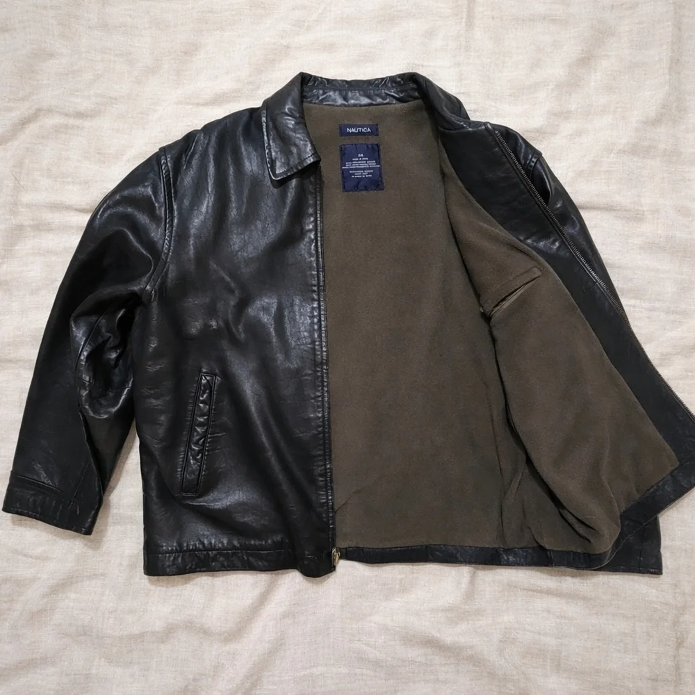 Vintage Y2K NAUTICA Genuine Leather Jacket Mens 44 Black Soft Leather Zip Front